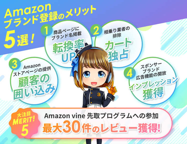 「商品名にブランド名を掲載して転換率アップ」「相乗り業者を排除してカートを独占」「Amazonストアページを作成して顧客を囲い込む」「スポンサーブランド広告機能の開放」「【大注目ポイント】Amazon vine先取プログラムへ参加して最大30件のレビューを獲得」